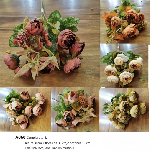 [A060] CAMELIA OTONIA 30CM, 6 FLORES DE 3.5CM Y 2 BOTONES DE 1.5CM