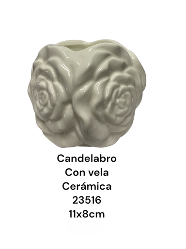 [23516] CANDELABRO CERAMICA ROSA BLANCA 11X8CM