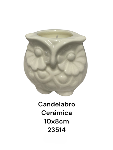 [23514] CANDELABRO CERAMICA BLANCO BUHO 10X8CM