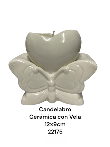 [22175] CANDELABRO CERAMICA BLANCO CON VELA 12X9CM