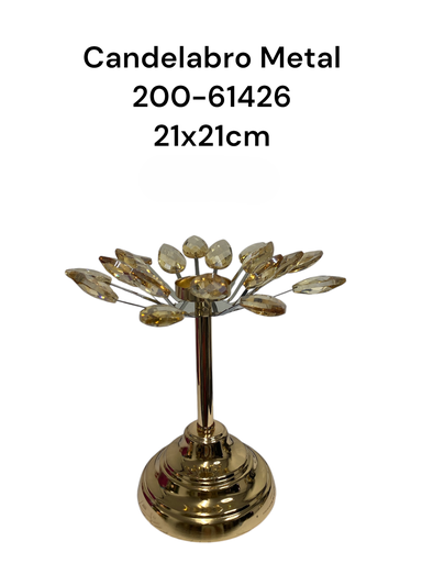[200-61426] CANDELABRO DORADO PUNTAS CRISTAL 21X21CM