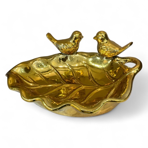 [437-42889] HOJA CON AVES DORADA 29X22X11CM