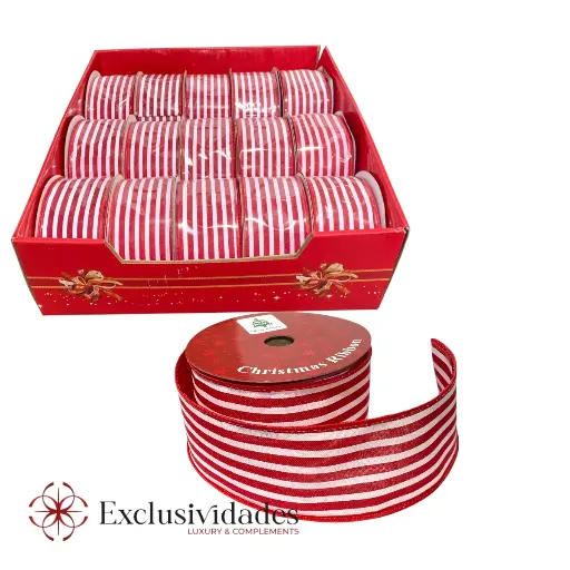 [8679816305566] CINTA NAVIDEÑA LINEAS ROJO/BLANCO 10YRDS LARGO X 7CM ANCHO