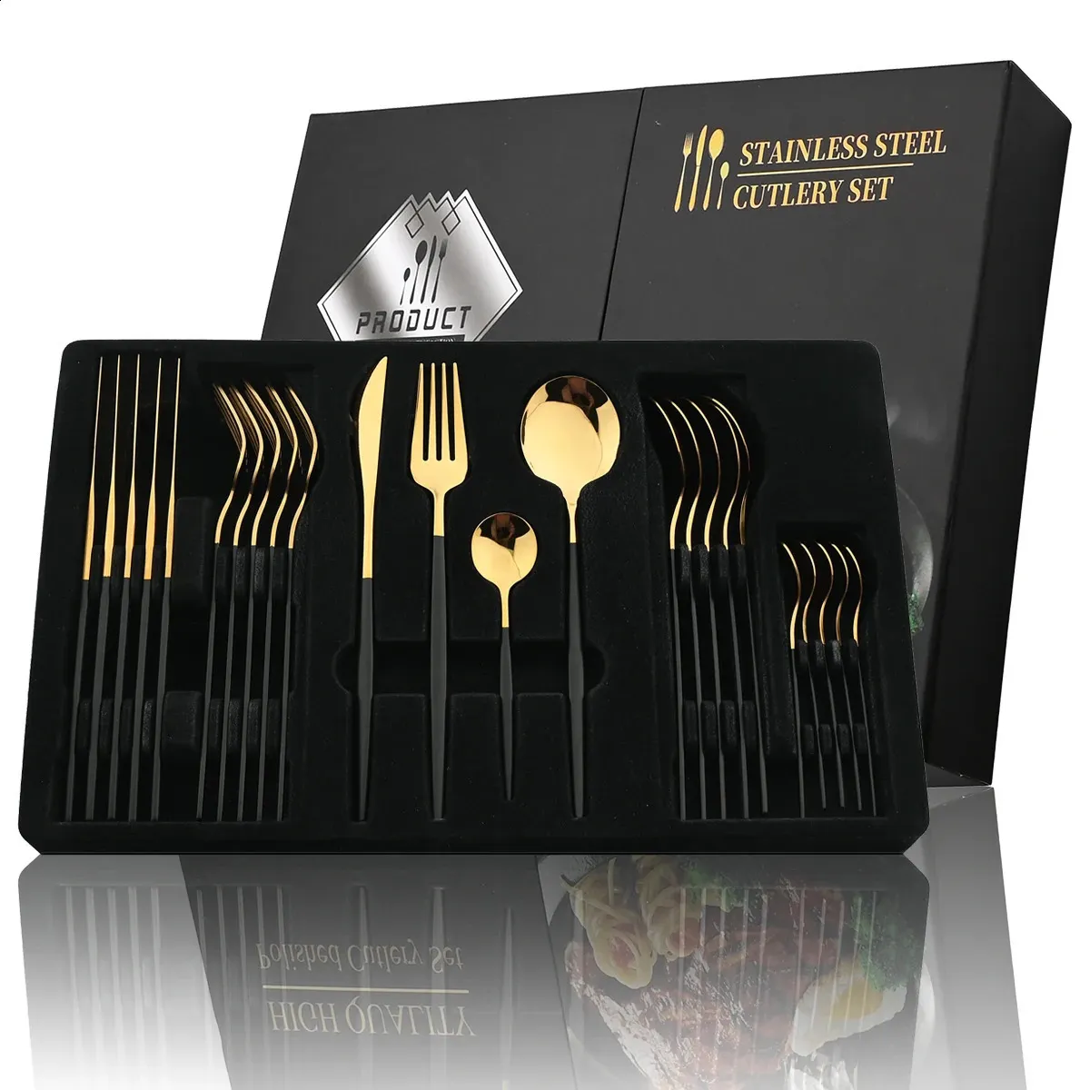 [607013] JUEGO DE CUBIERTOS DORADO/NEGRO 24PZAS