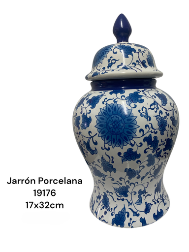 [CS19176] JARRON CON TAPA PORCELANA FLOREADO AZUL 17X32CM