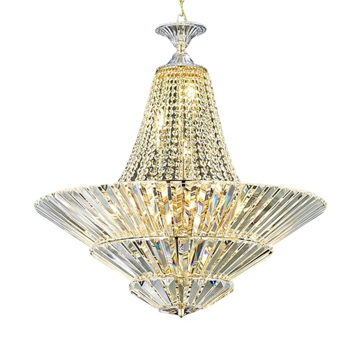 [K10920] LAMPARA COLGANTE CON CADENAS Y CUERPO DE CRISTAL FORMA TRIANGULAR E14 D:69 H70CM