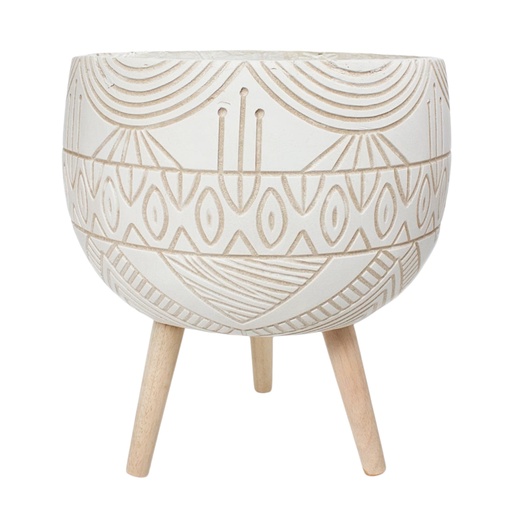 [8679813519034] MACETA BEIGE OVALO BASES MADERA 37X43CM