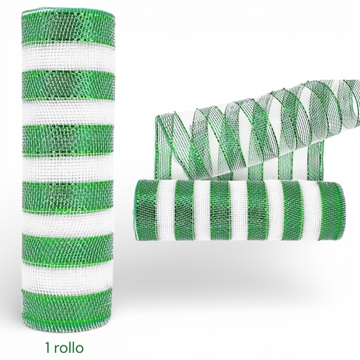 [AMX082-008G] MALLA NAVIDEÑA BLANCO CON VERDE 53CMX10YDS