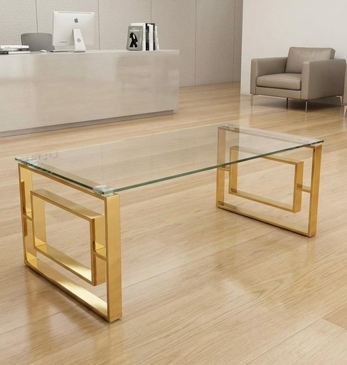 [542-810005] MESA DE SALA RECTANGULAR VIDRIO TEMPLADO Y HIERRO CROMADO DORADO 120X60X45CM