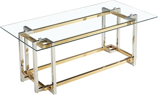 [422-290128] MESA DE SALA RECTANGULAR VIDRIO TEMPLADO Y HIERRO CROMADO DORADO CON PLATEADO 120X60X45CM
