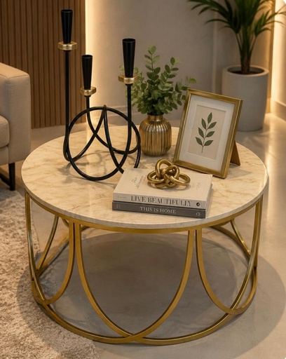 [ANBC-03083] MESA DE CENTRO DISEÑO MARMOL PVC CON BASE DE HIERRO DORADO 65X37CM
