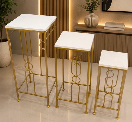 [FI-2024-342] MESAS BLANCAS/DORADO SETx3, 70X28X28; 60X23X23; 50X18X18CM