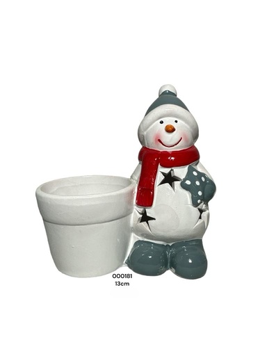 [2122100000181] MACETA BLANCA MUÑECO DE NIEVE CON LUZ 13X13CM