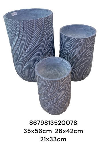 [8679813520078] SET DE 3 MACETAS TEXTURIZADO HOJAS NEGRO 35X56CM, 26X42CM, 21X33CM