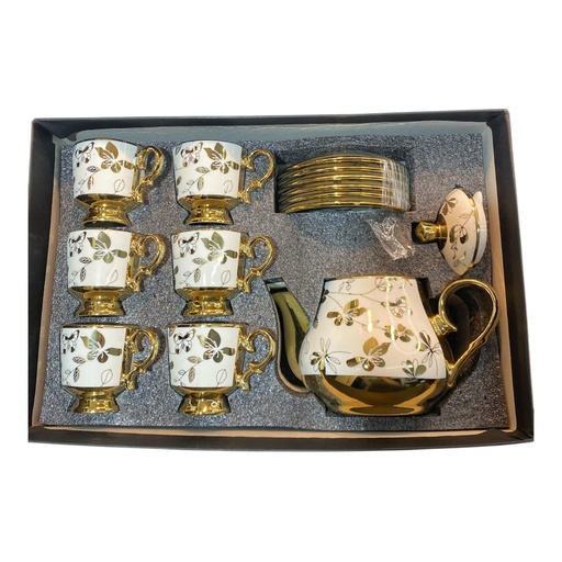 [202504020251490] SET DE TETERA Y TAZAS DORADAS CON FLORES DE PORCELANA 14PCS.