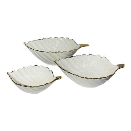 [2023082414099] SET DE 3 POZUELOS DE CERAMICA BLANCO FILO DORADO 32X20X9CM, 26X17X7CM, 19.5X12X6CM.