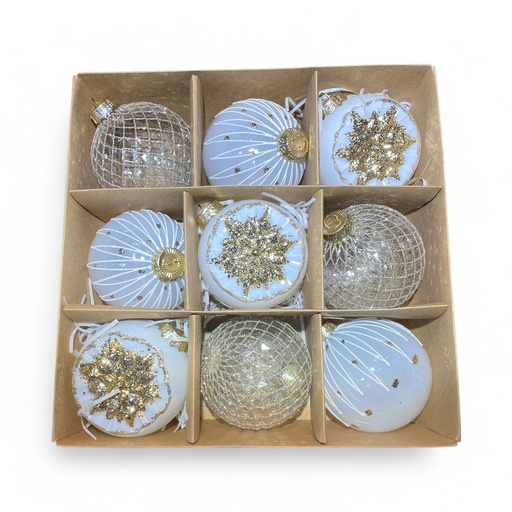 [6584599266640] ESFERA NAVIDAD 10CM BLANCO/DORADO SETX9  REF:ES26664 (30X30X10CM)