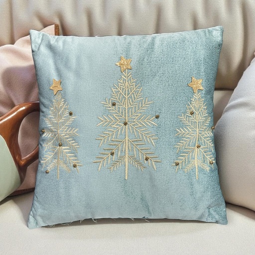 [7862140820428] COJIN NAVIDEÑO ARBOLES BORDADOS ESTRELLA Y PERLAS, TURQUESA/BEIGE, 45X45 CM