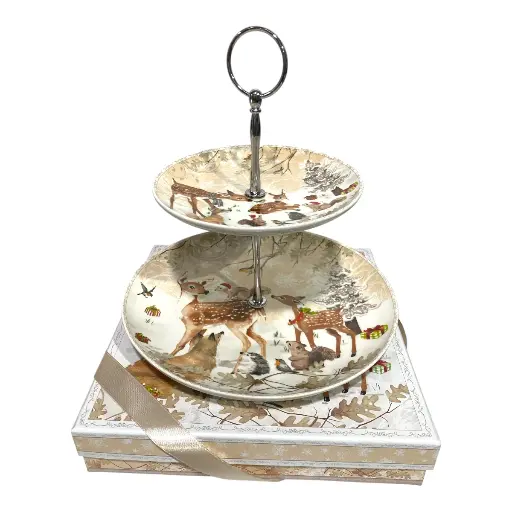 [8679813521525] PORTA BOCADITOS NAVIDEÑO RENOS 2PISOS PORCELANA  23X23CM
