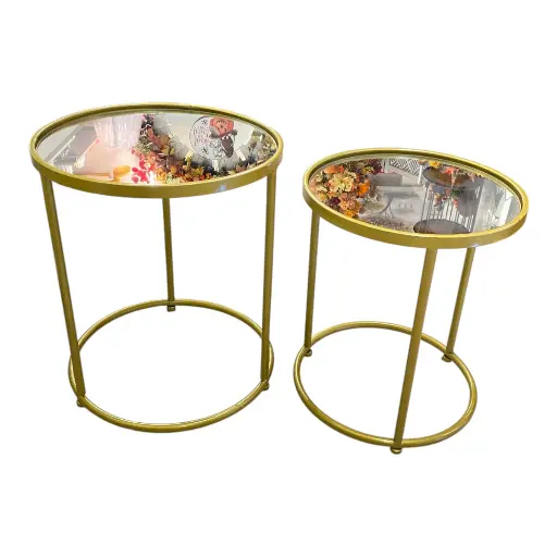 [8679818734692] MESA METALICA REDONDA DORADA SETX2 PZ. BASE DE ESPEJO. 42X49CM Y 37X43.5CM