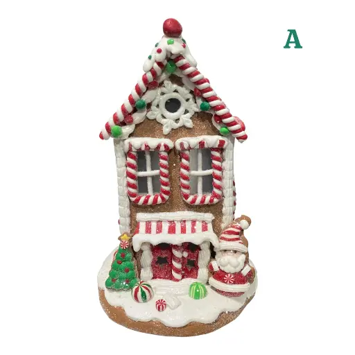 [8679811649115] CASA NAVIDEÑA JENGIBRE CANDY 3 MODELOS C/LUZ LED A BATERIA 14X22CM