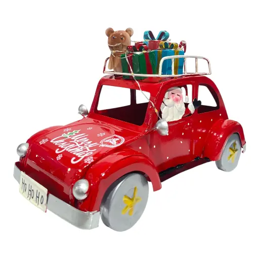 [8679811650937] CARRO NAVIDEÑO NOEL METALICO ROJO C/LUZ LED A PILAS 27X14X18CM