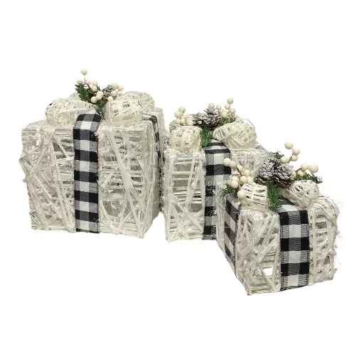 [8679811632728] REGALO NAVIDEÑO SETX3 BLANCO/NEGRO 26X26X30CM, 21X21X25CM, 17X17X20CM