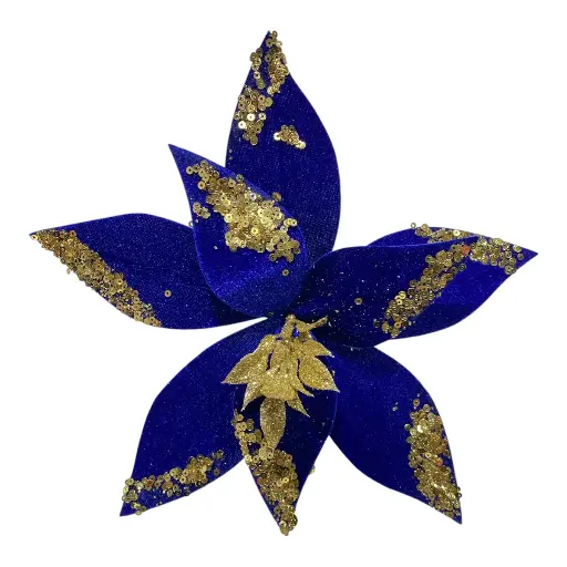 [5116827092] FLOR NAVIDEÑA AZUL/DORADO TELA GAMUZADA 24CM