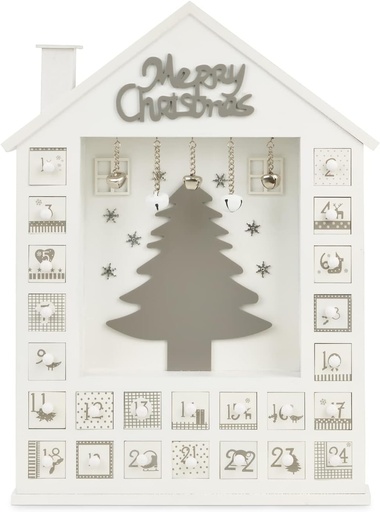 [CS24091] Calendario de adviento navideño, casa blanca de madera 31X6X43.5CM