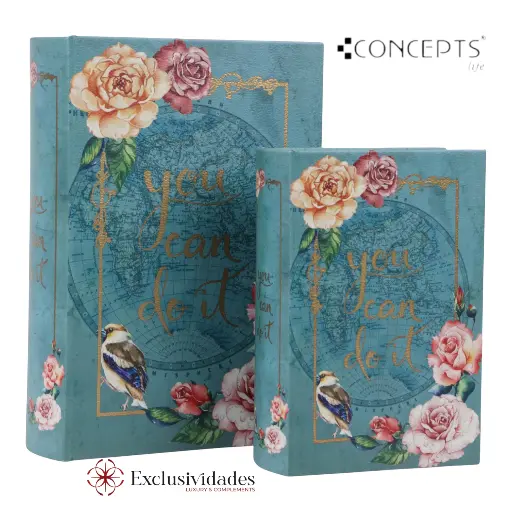 [448-4520008] CAJA DE LIBROS TURQUESA/FLORES "YOU CAN DO IT" 2PZ. 19X7X27CM