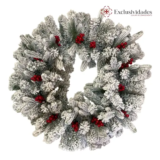 [7861204107512] CORONA NAVIDEÑA 75CM NEVADA DOBLE RAMA FRUTOS ROJOS, ESTRUCTURA DE HIERRO 1400