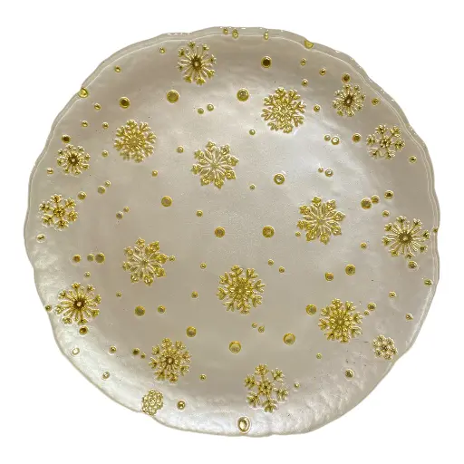 [6907895244981] PLATO BASE DE VIDRIO 33CM BEIGE CON COPOS DORADOS