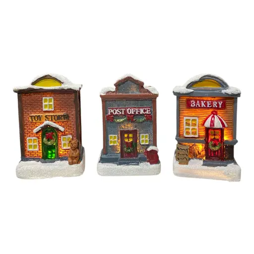 [6900153243047] CASA NAVIDEÑA POLIRESINA CON LUZ LED A PILAS 5X5.5X9CM 3MOD. C/U