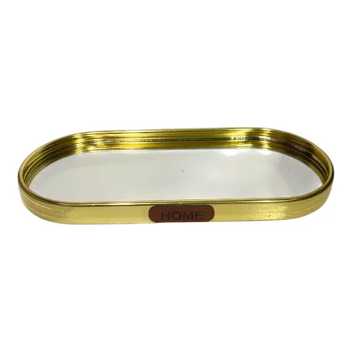 [2025057505436] BANDEJA DE ALUMINIO DORADA CON BASE DE ESPEJO 10X23CM