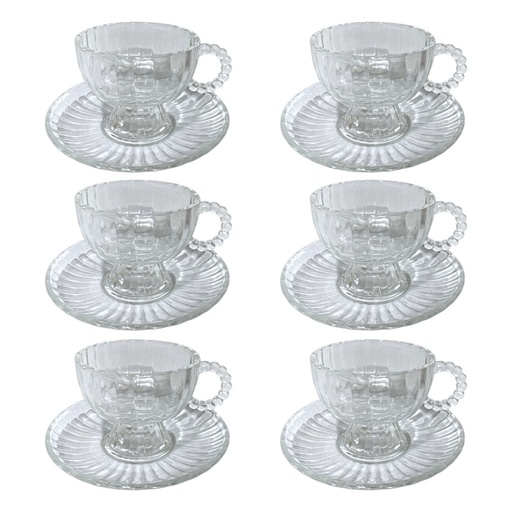 [2025057506471] SET DE 6 TAZAS CON PLATO VIDRIO TRANSPARENTE 12PZS. 210ML