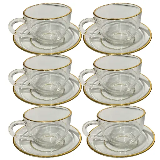 [2025057506792] SET DE TAZA Y PLATO DE VIDRIO FILO DORADO 12PZS. 230ML