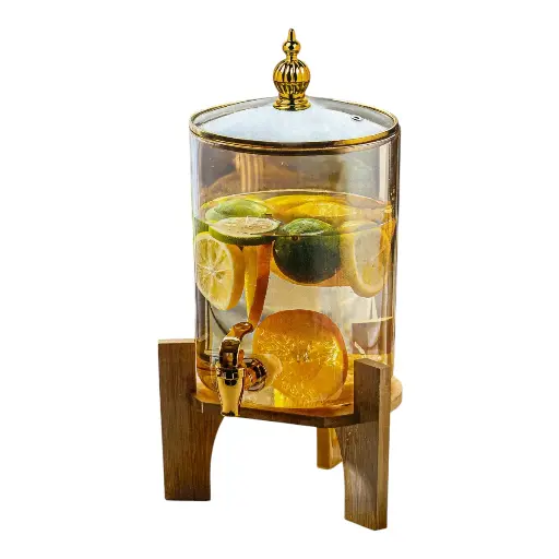 [2025057506532] DISPENSADOR DE LIQUIDOS DE VIDRIO CON BASE DE BAMBOO 16X35CM 3.6 LITROS.