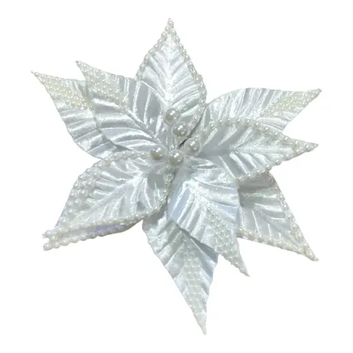 [1702335018895] FLOR NAVIDEÑA BLANCA CON PERLAS TELA SATINADA 28CM  