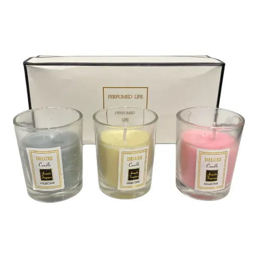 [23952] VELAS EN SETX3 CANDELABRO DE VIDRIO, CAJA DE REGALO 5X7CM