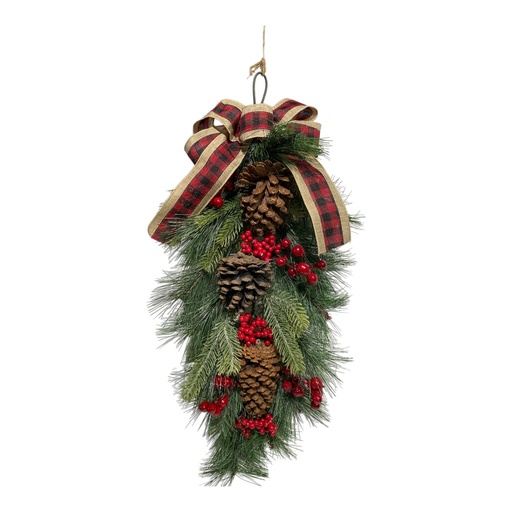 [202508020252300] COLGANTE NAVIDEÑO DE PIÑAS Y FRUTOS ROJO CON LAZO 65CM