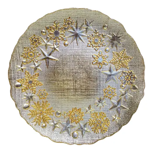 [6907695243885] BANDEJA DE VIDRIO DORADA ESTRELLAS Y COPOS 31CM