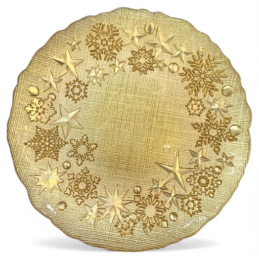 [6907695243885] PLATO BASE DE CRISTAL DORADO ESTRELLAS Y COPOS 31CM