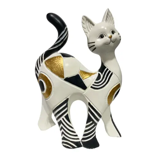 [4545450001689] GATO DECOR POLIRESINA BLANCO/NEGRO DORADO 15X6X23CM