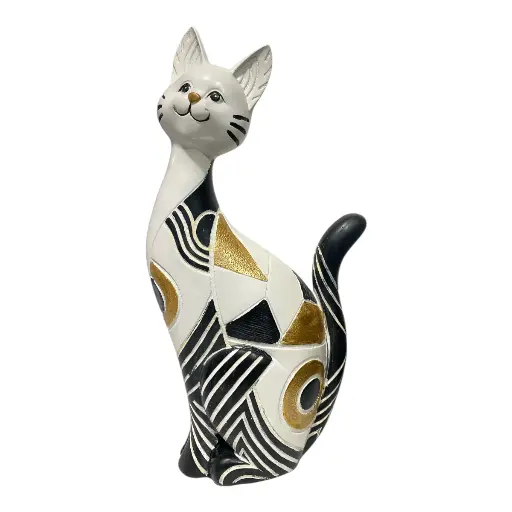 [4545450001686] GATO DECOR POLIRESINA BLANCO/NEGRO DORADO 11X6X24CM