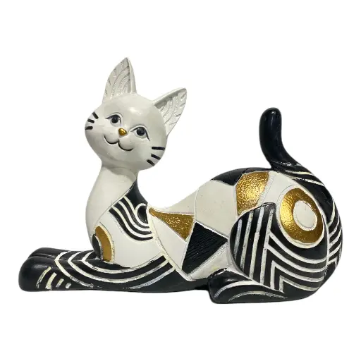 [CS8020634] GATO DECOR POLIRESINA BLANCO/NEGRO DORADO 20X6X14CM