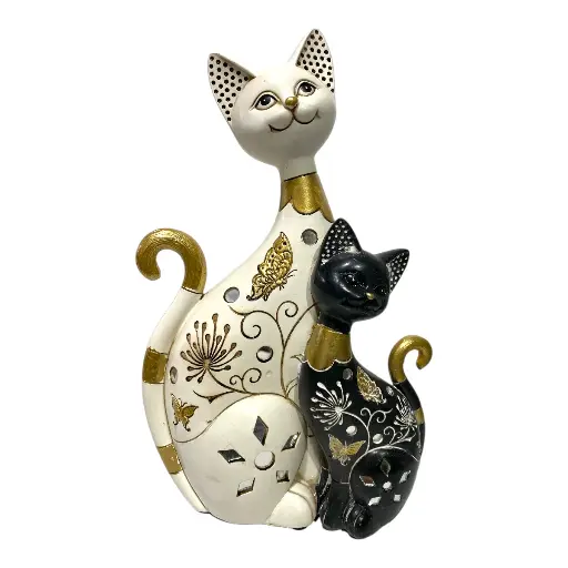 [4545450001669] GATO DECOR POLIRESINA BLANCO/NEGRO DORADO 17x8x28cm