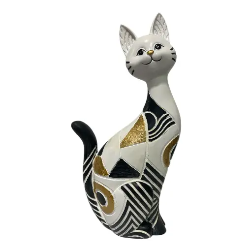 [CS8020631] GATO DECOR POLIRESINA BLANCO/NEGRO DORADO 15X7X30CM