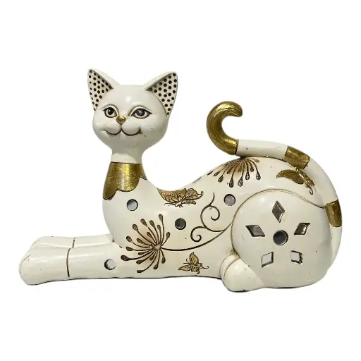 [4545450001670] GATO BEIGE/DORADO POLIRESINA 20X7X13.5CM