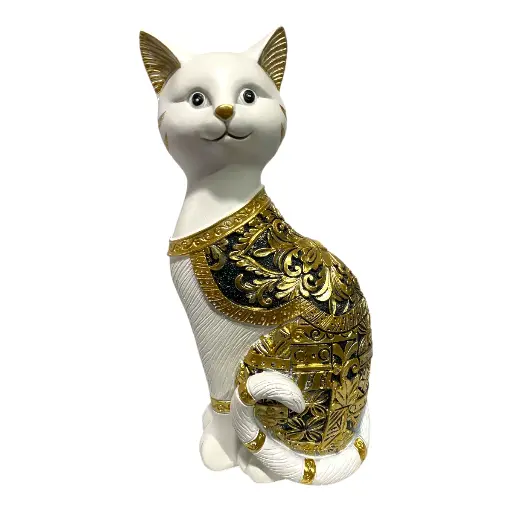 [CS8020581] GATO DECOR POLIRESINA BLANCO/NEGRO DORADO 12X9X26CM