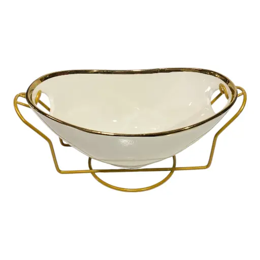 [CS25300] BOWL DE PORCELANA FILO DORADO CON BASE DE METAL 26X13X10CM 